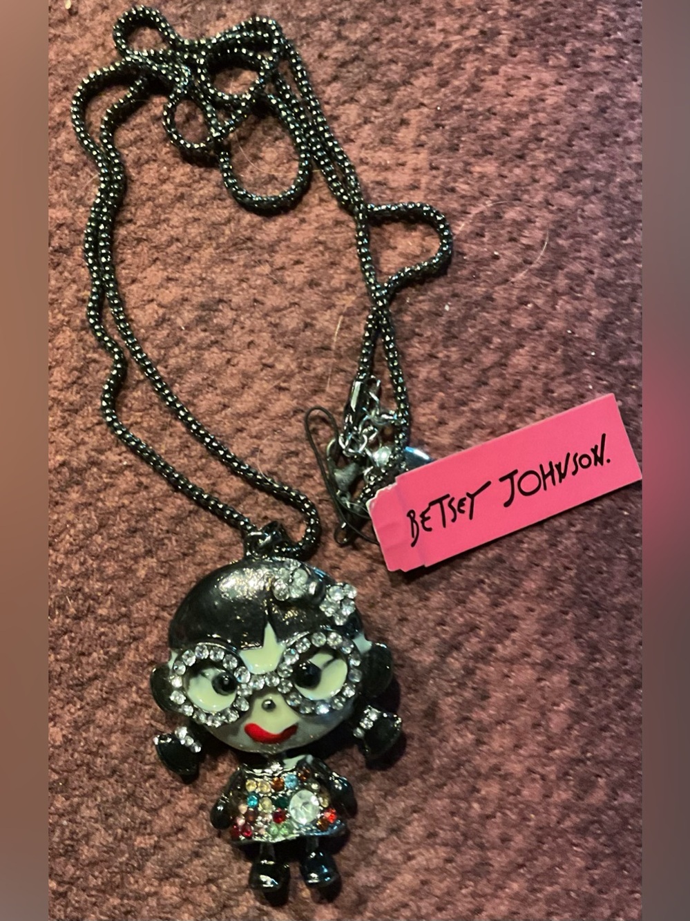 Betsey Johnson Black and Crystal Doll Pendant Necklace